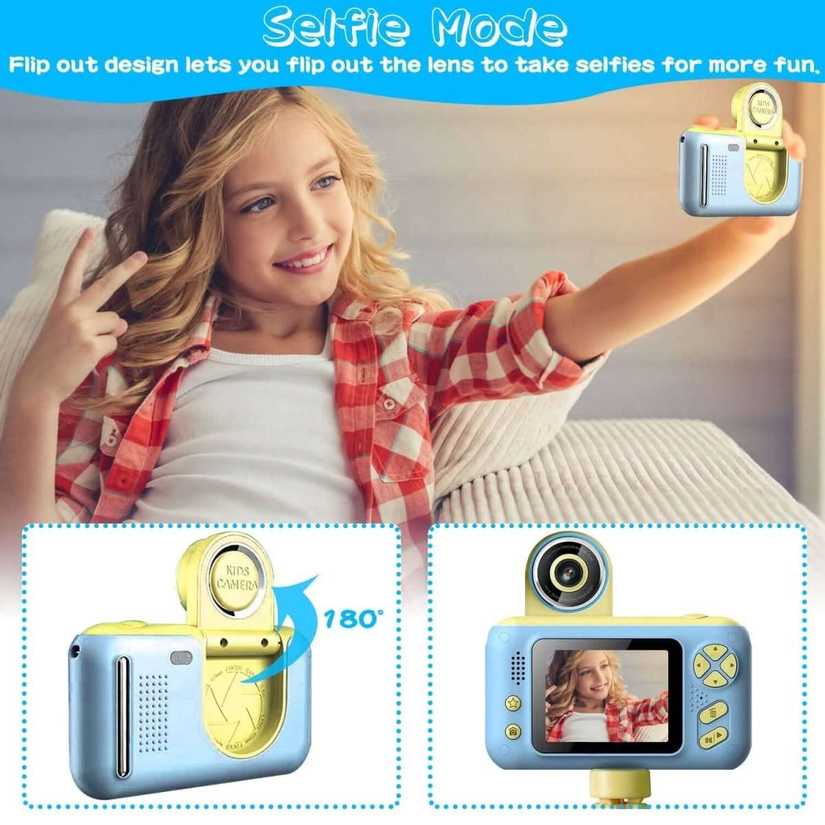 Kids digital camera in selfie mode with flip-out lens and screen, yellow tripod support