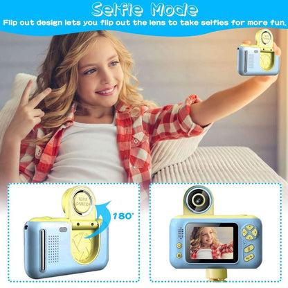 Kids digital camera in selfie mode with flip-out lens and screen, yellow tripod support
