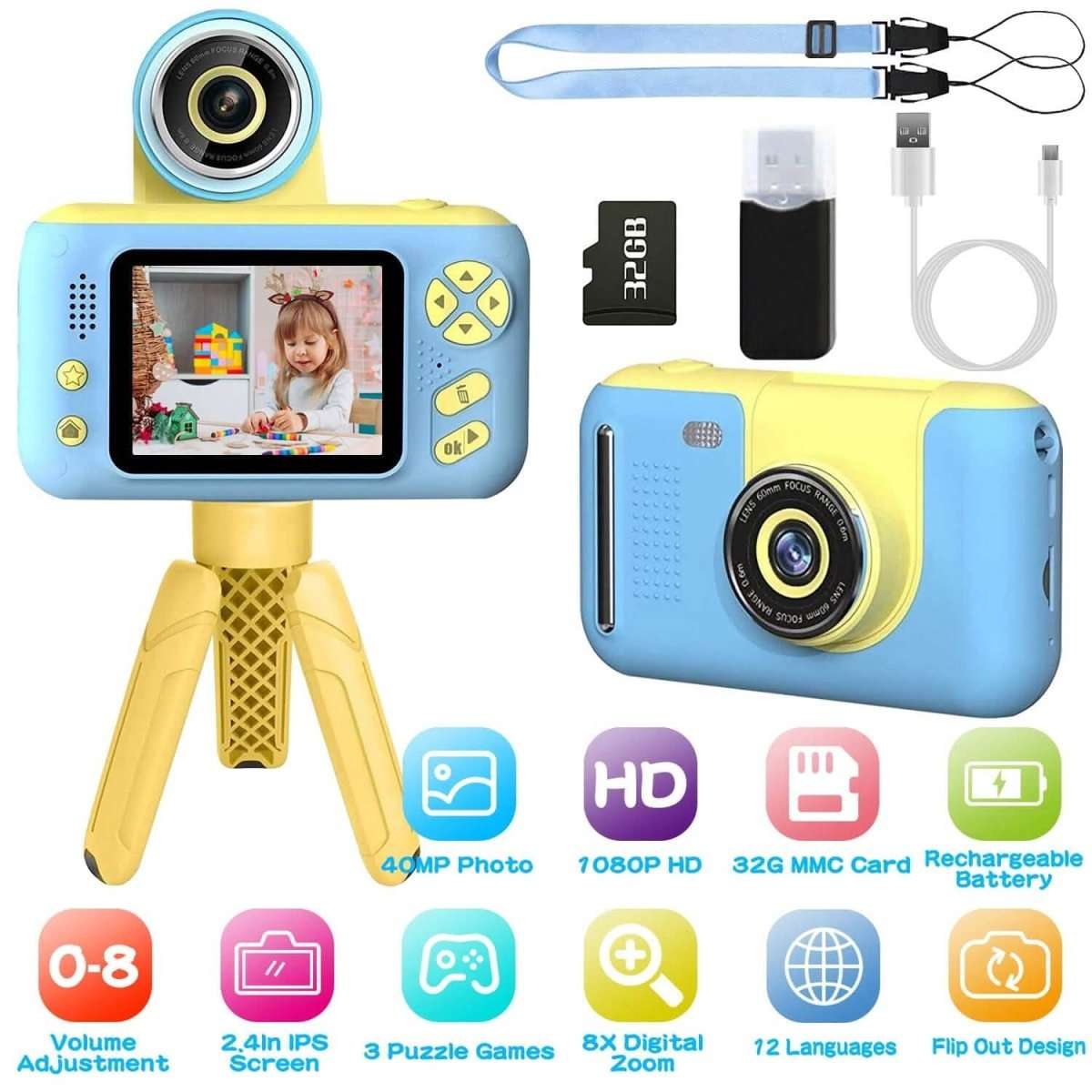 Blue kids digital camera with flip lens, display screen, selfie tripod, and 32GB memory card