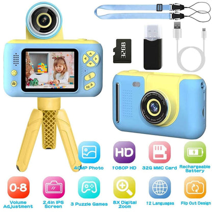 Blue kids digital camera with flip lens, display screen, selfie tripod, and 32GB memory card