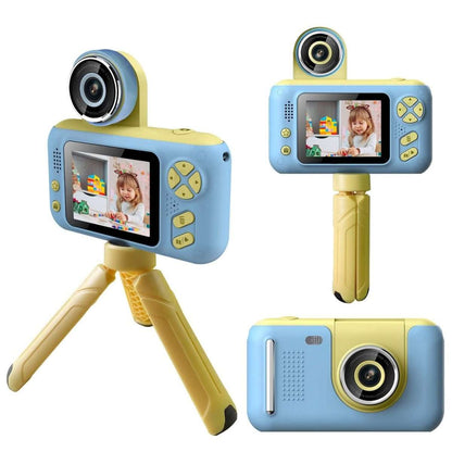 Blue kids digital camera with flip lens and tripod stand, plus handheld camera view