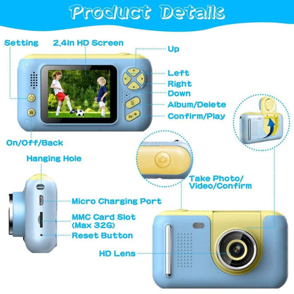 Blue kids digital camera with flip lens and 2.4in screen, rear controls visible
