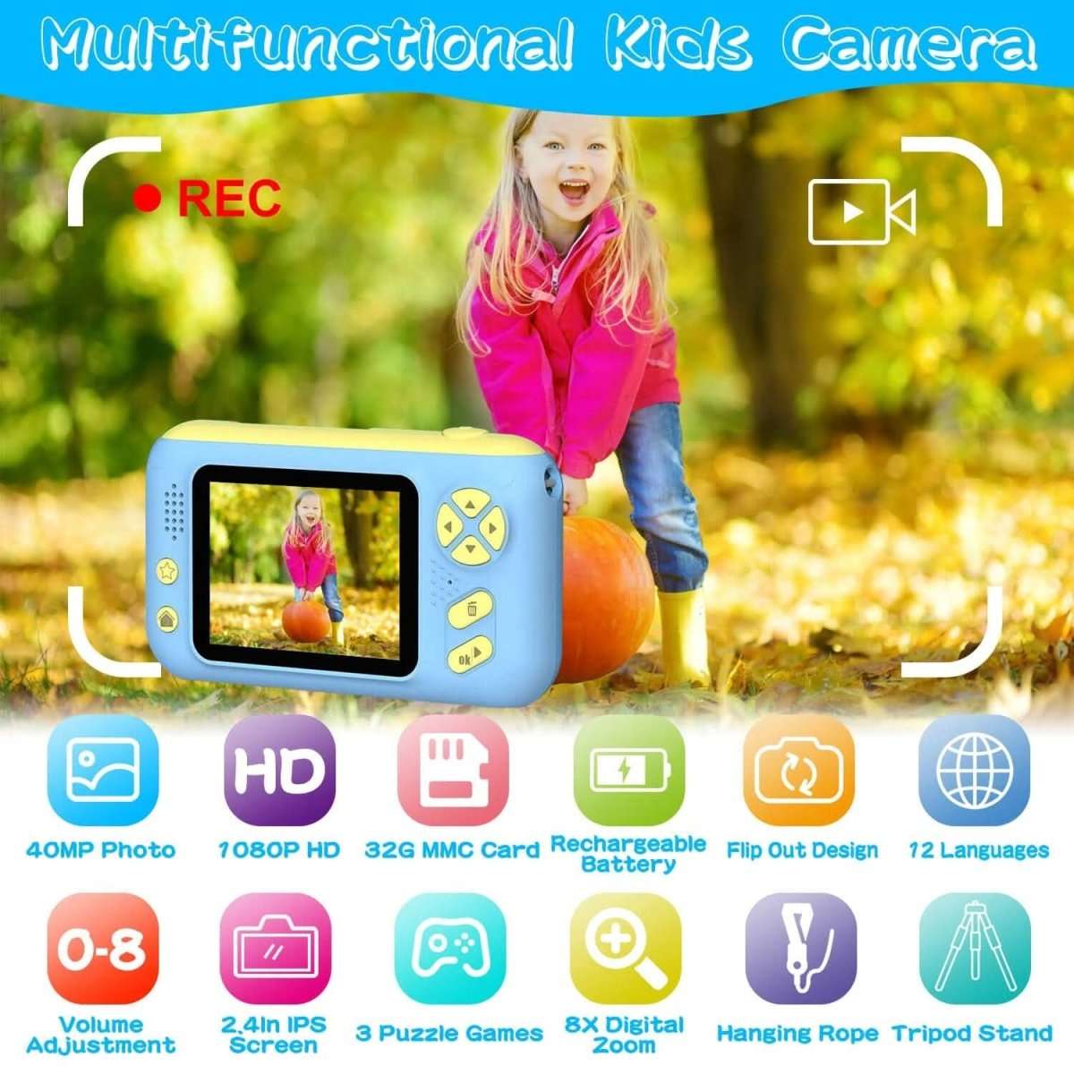 Kids digital camera with flip lens, blue camera showing screen