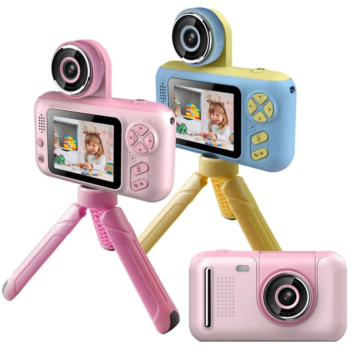 Kids digital camera with flip lens on tripod in pink and blue, with front screens