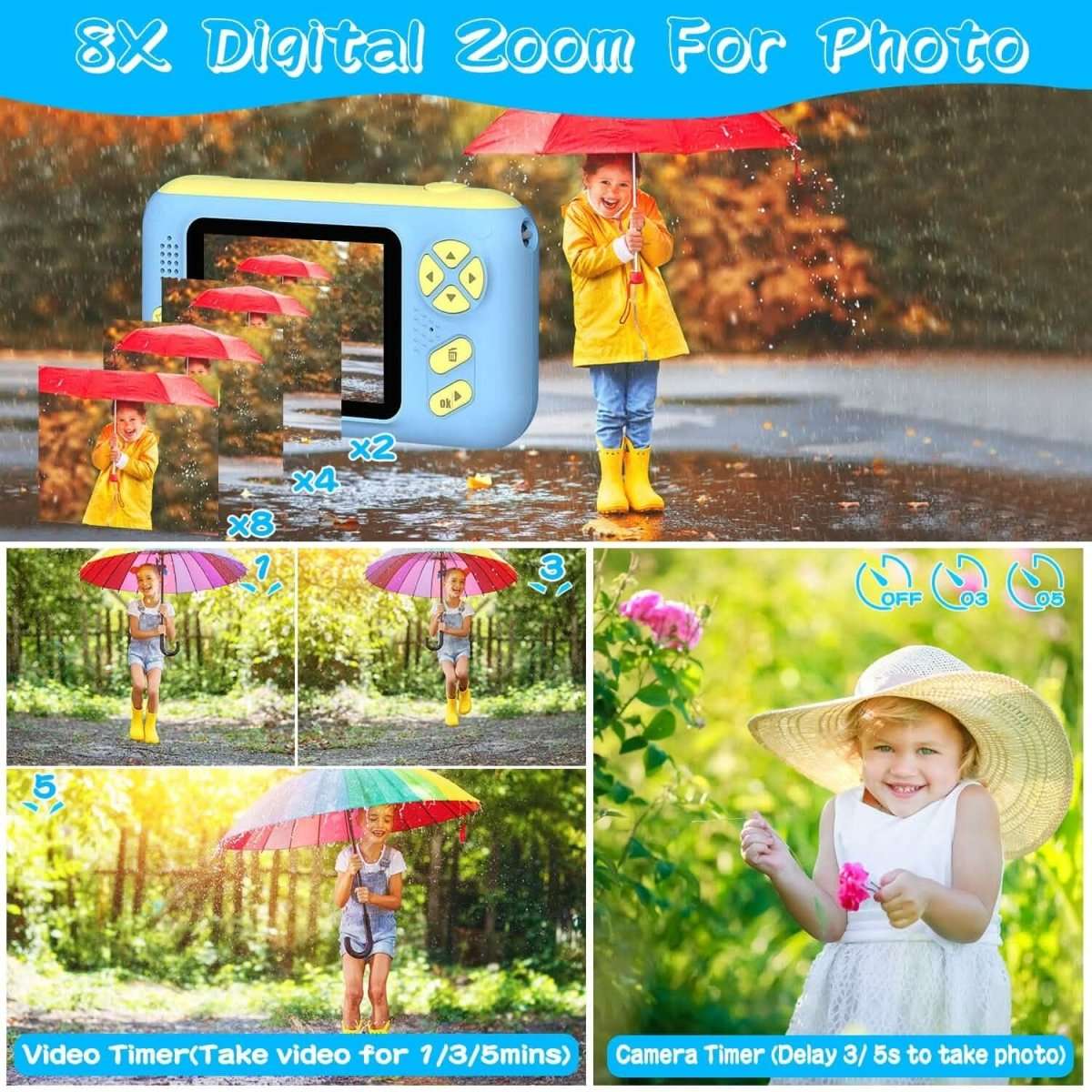 Kids digital camera with flip lens, blue handheld camera with built-in display