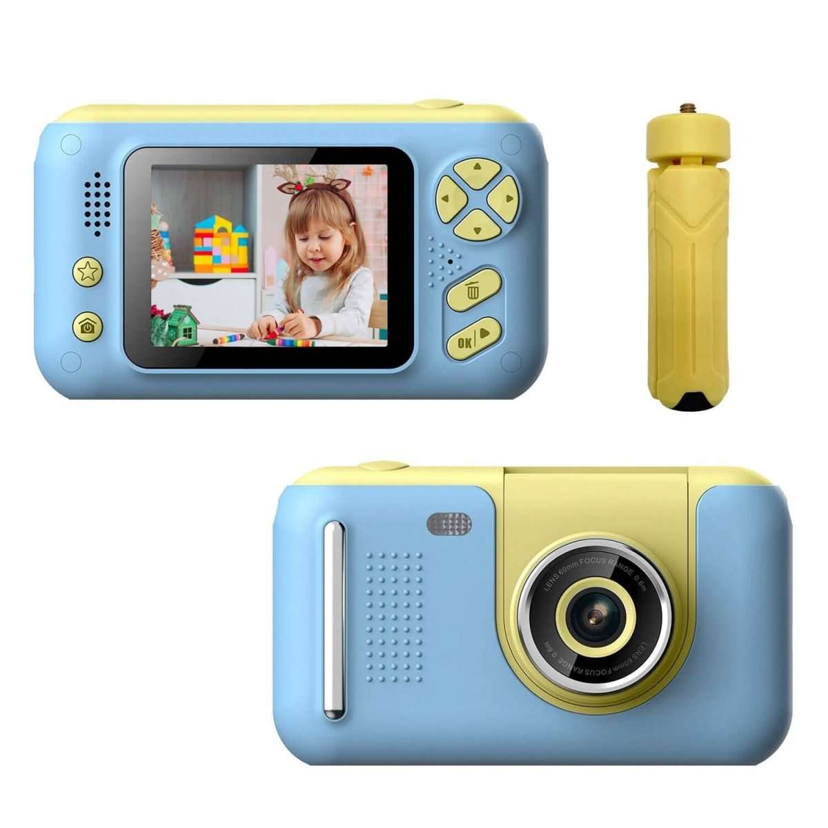 Kids digital camera with flip lens, blue with rear screen and yellow side buttons