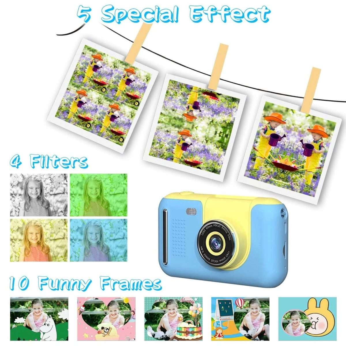 Blue and yellow kids digital camera with flip lens, screen, and filter effect photo frames