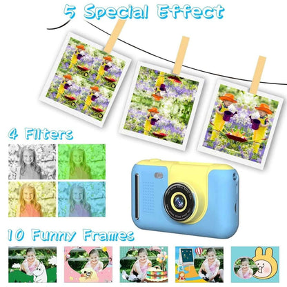 Blue and yellow kids digital camera with flip lens, screen, and filter effect photo frames