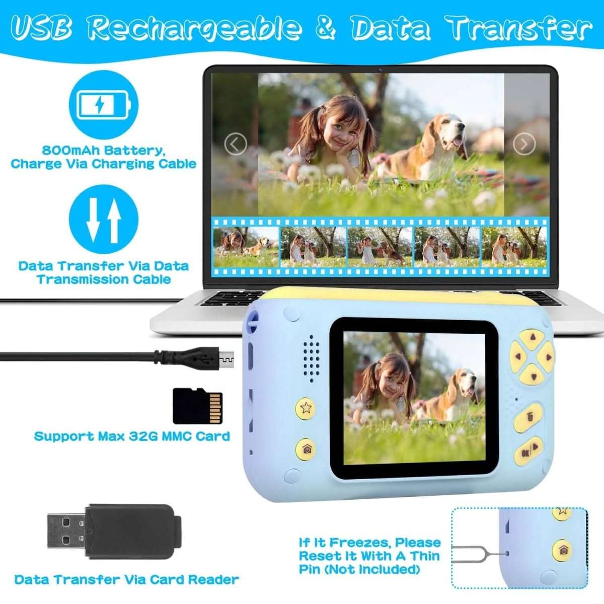 Blue kids digital camera with flip lens, screen, USB cable, and card reader accessories