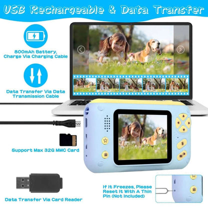 Blue kids digital camera with flip lens, screen, USB cable, and card reader accessories