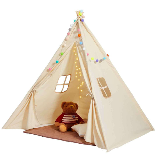Kids Play Tent, Teepee Tent for Kids 1-5 Years Old, Tent for Kids with Windows for Indoor and Outdoor, Toddler Tent with Mat and Plush Decorative Balls, for Boys and Girls, Beige - Cartsfy Inc.