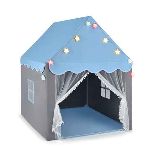 Kids playhouse tent with star lights, light blue roof and gray walls, open front
