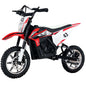 Kids electric ride-on motorcycle, black and red with number 43 decals and chunky tires