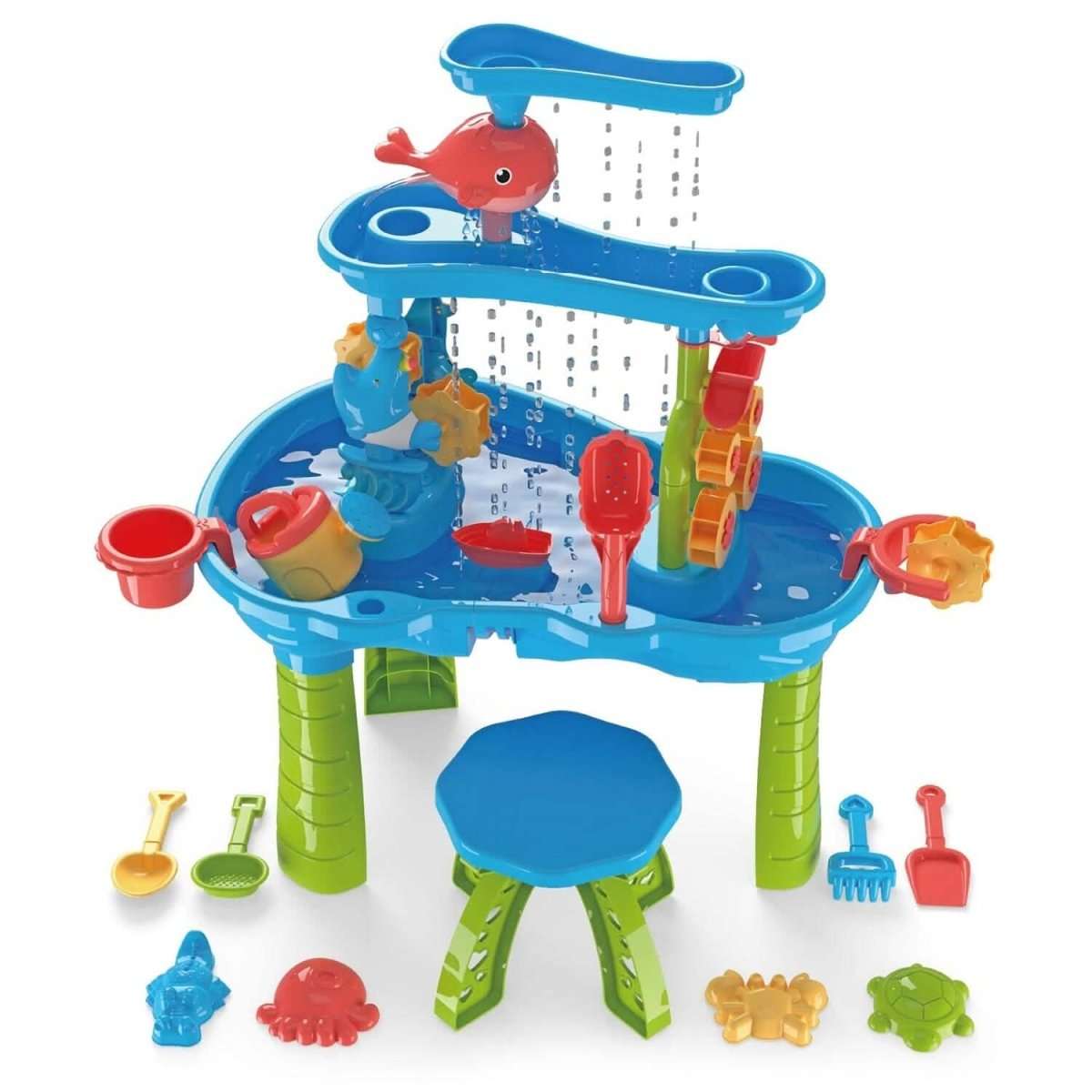 Kids water and sand play table with red dolphin sprayer, blue base, and floating toys