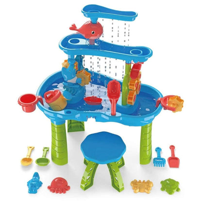 Kids water and sand play table with red dolphin sprayer, blue base, and floating toys