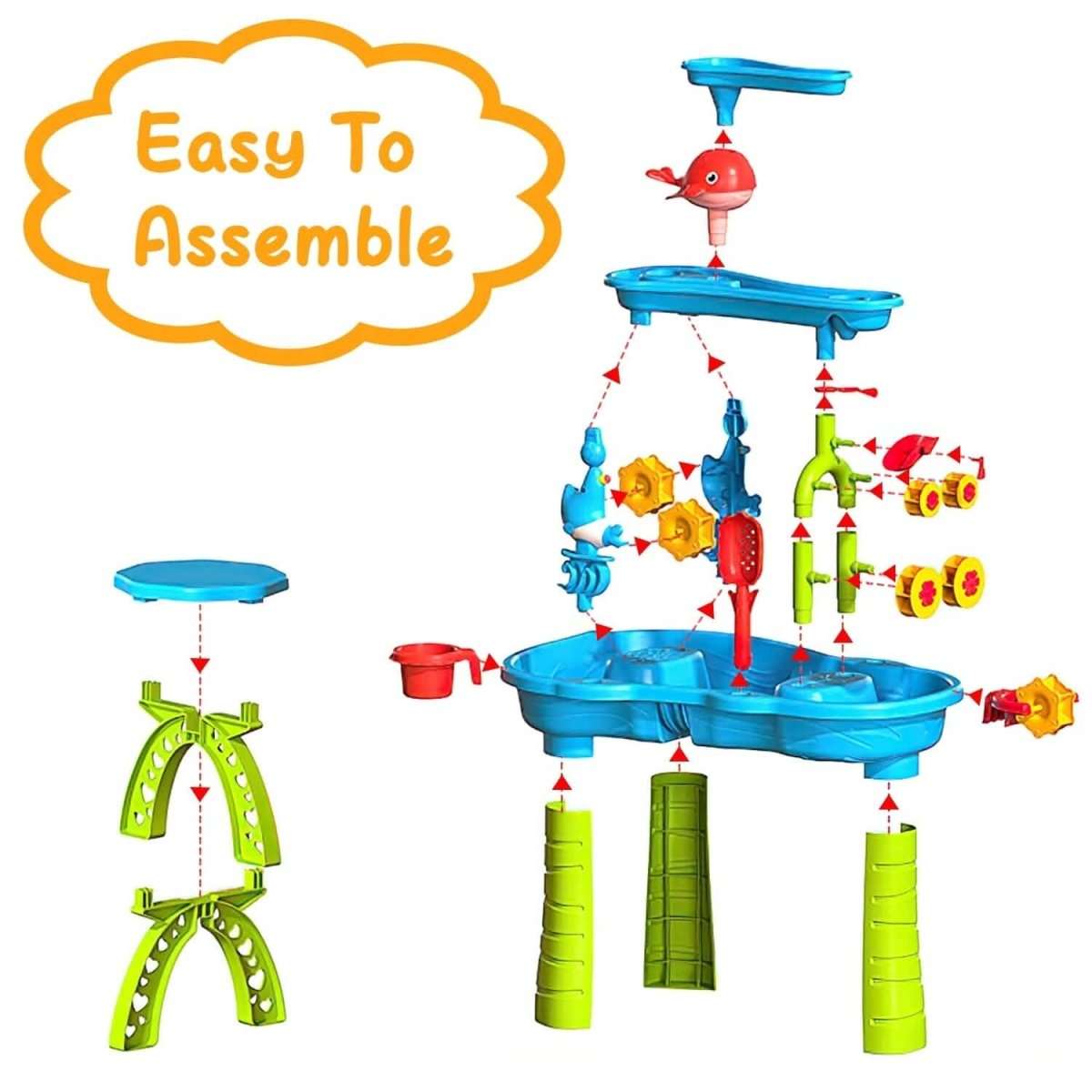 Kids sand and water table with blue top, red fish sprinkler, green legs, and hanging parts