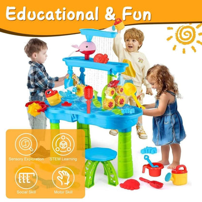 Kids sand and water table with blue basin, red fish faucet, green legs, and toys