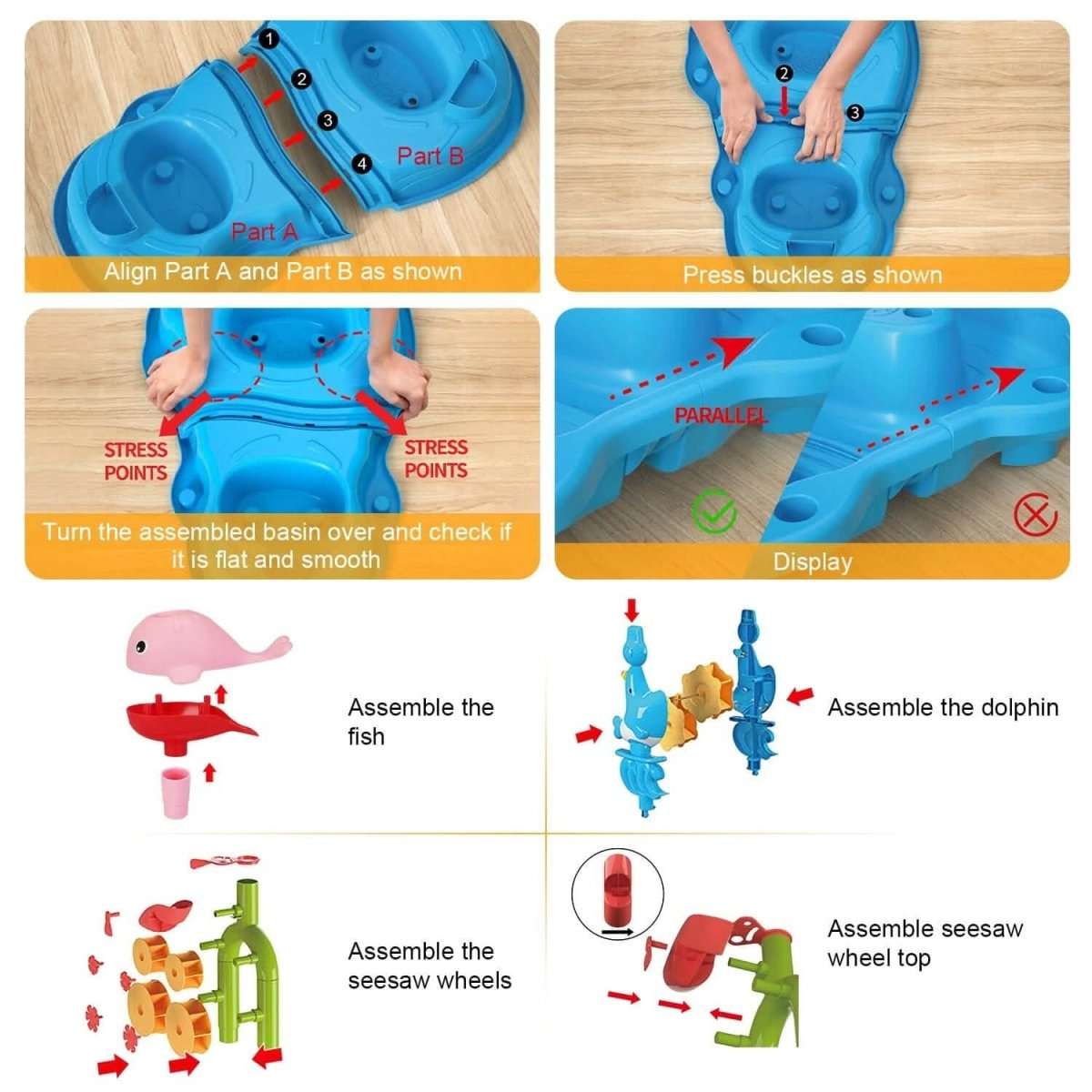 Kids water play table assembly diagram with parts for dolphin and seesaw wheel top