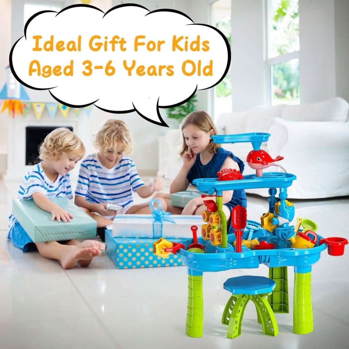Kids water and sand play table with dolphin figure, blue basin, and red bucket