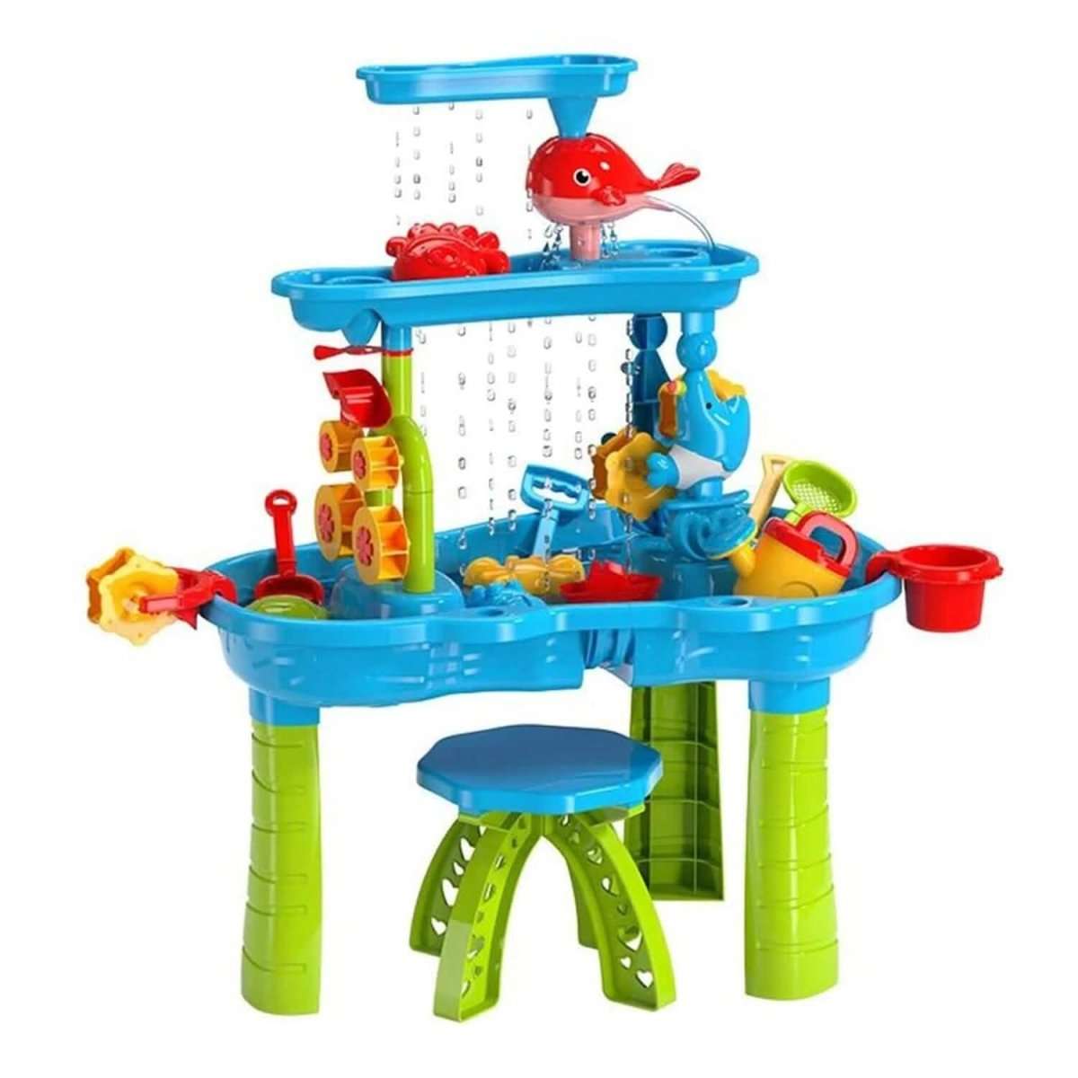 Kids water and sand play table with blue basin, red dolphin sprayer, and waterfall beads