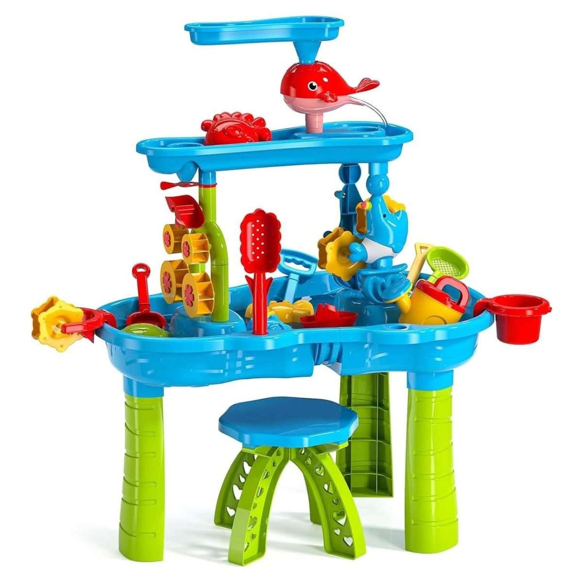 Kids water and sand play table with blue basin, red dolphin, and colorful toy bins