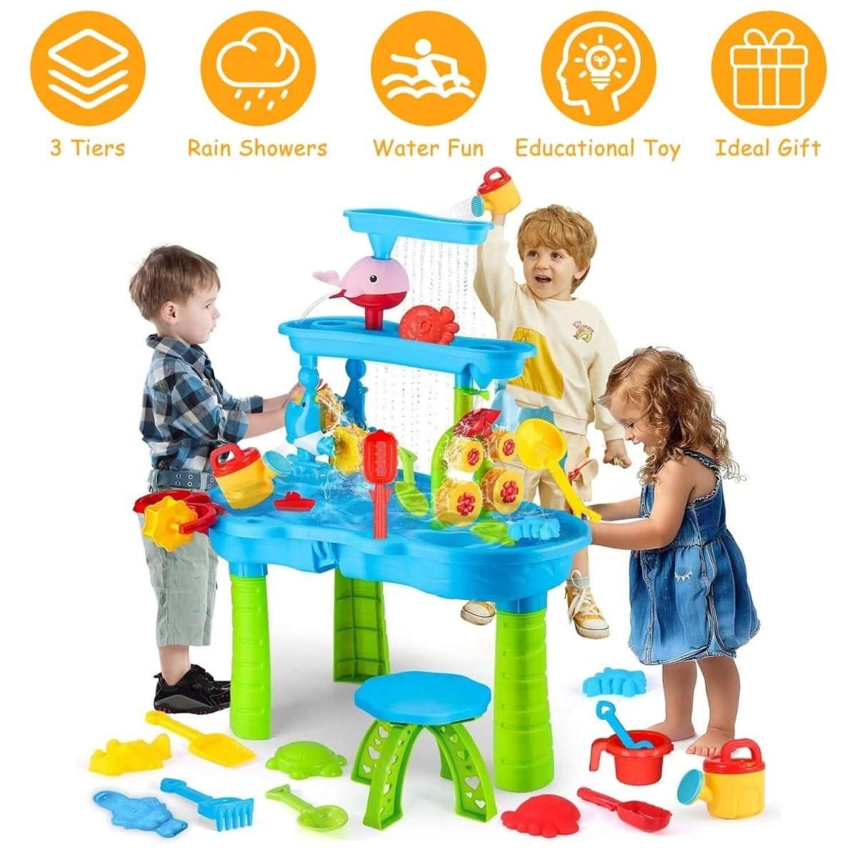 Kids water and sand play table with blue basin, dolphin figure, and included play tools