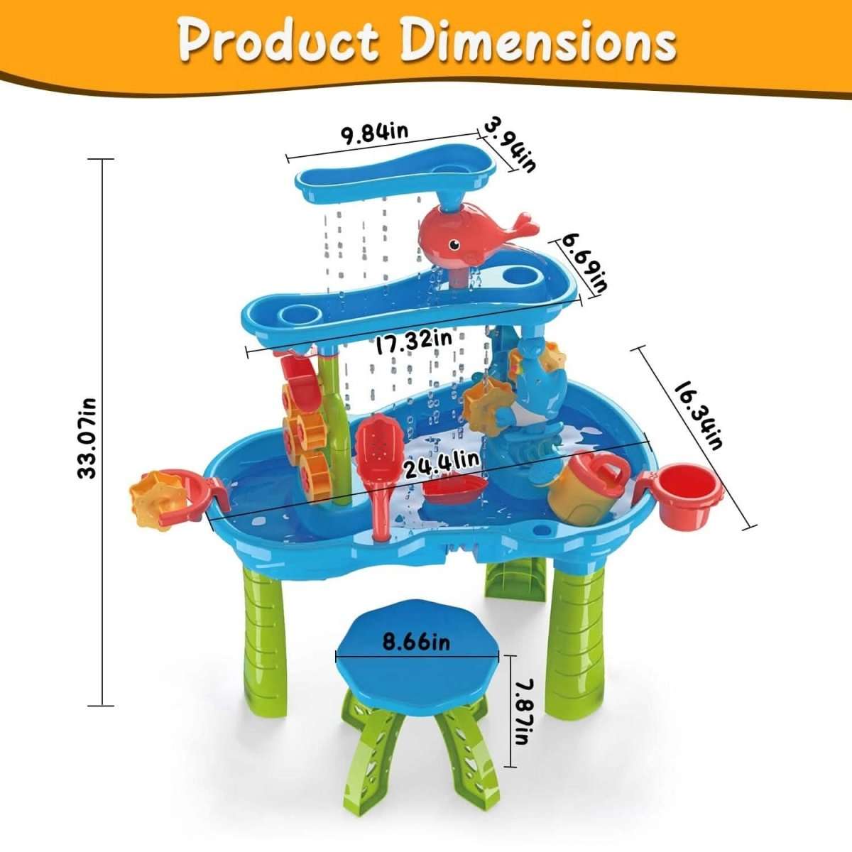 Kids sand and water table product dimensions showing blue basin, red buckets, and green legs