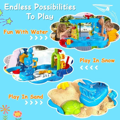 Kids water and sand play table with water chute, sand tray, and colorful accessories