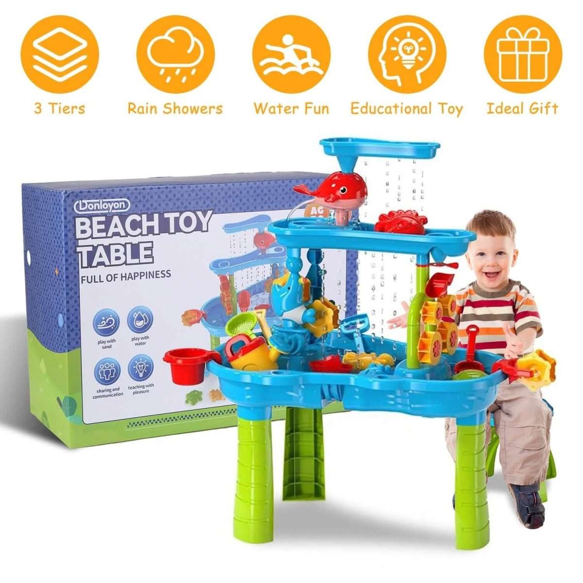 Kids water table box with blue basin, green legs, and dolphin play feature