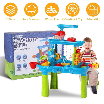 Kids water table box with blue basin, green legs, and dolphin play feature