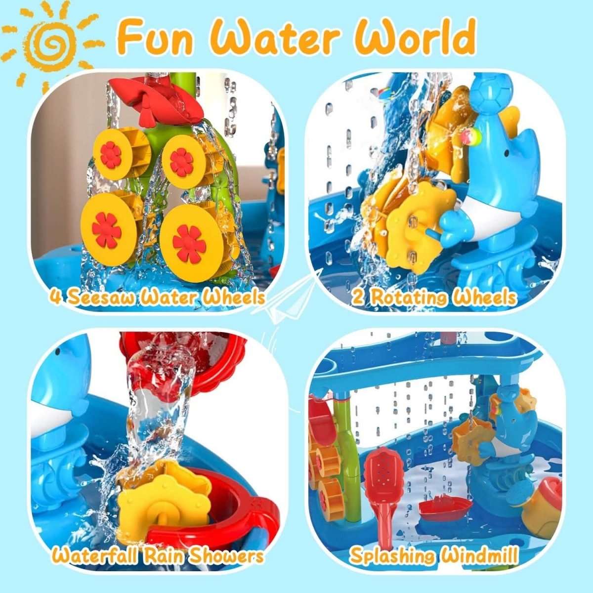 Kids water play table featuring rotating wheels, waterfall rain shower, and splash parts