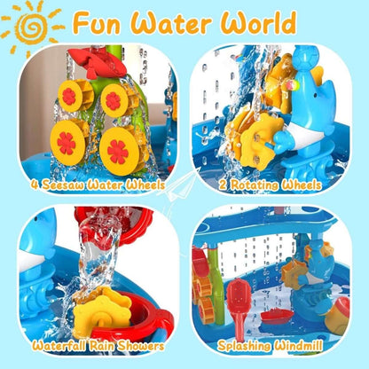 Kids water play table featuring rotating wheels, waterfall rain shower, and splash parts