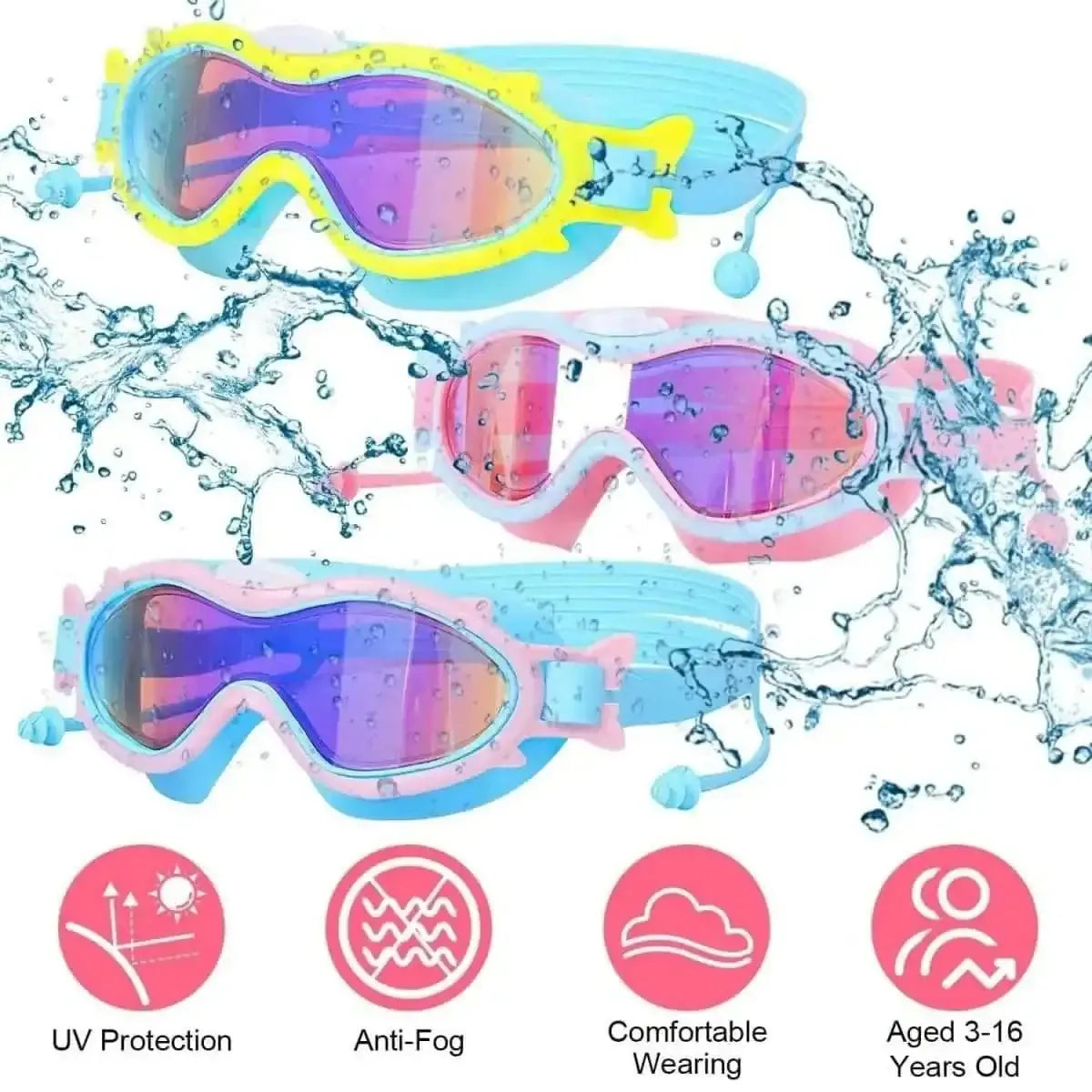 Kids Swim Goggles with Ear Plugs UV Protection Anti-Fog Leak Proof DailySale Blue Pink Yellow Blue-Pink-Yellow-