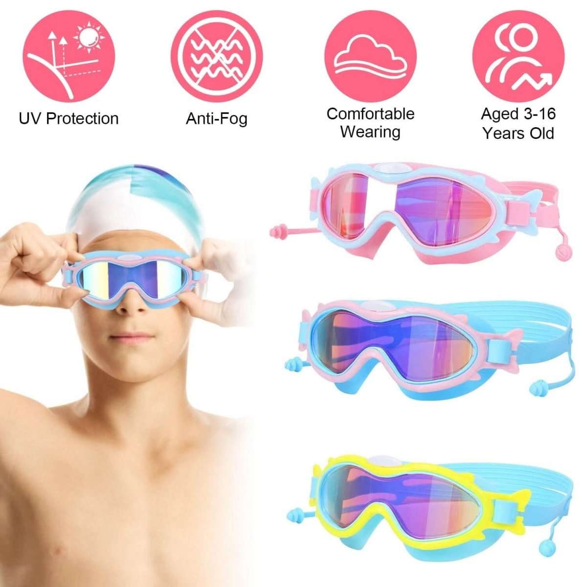 Kids Swim Goggles with Ear Plugs UV Protection Anti-Fog Leak Proof Cartsfy Inc.