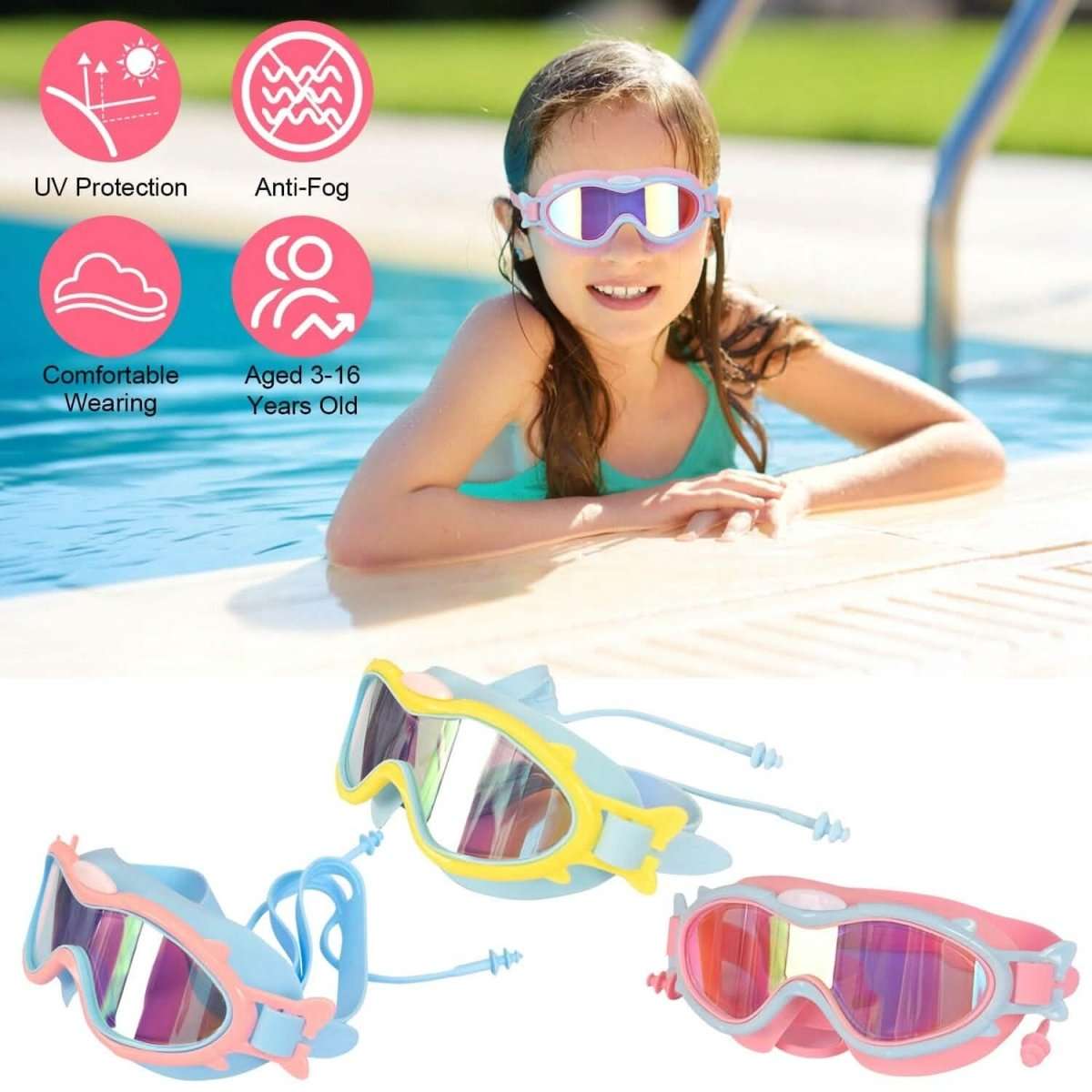 Kids Swim Goggles with Ear Plugs UV Protection Anti-Fog Leak Proof Cartsfy Inc.