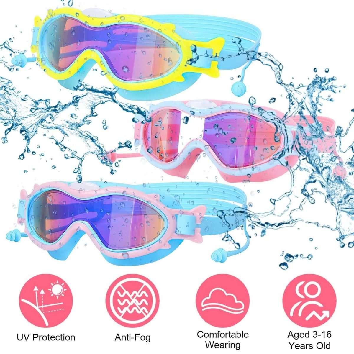 Kids Swim Goggles with Ear Plugs UV Protection Anti-Fog Leak Proof Cartsfy Inc.