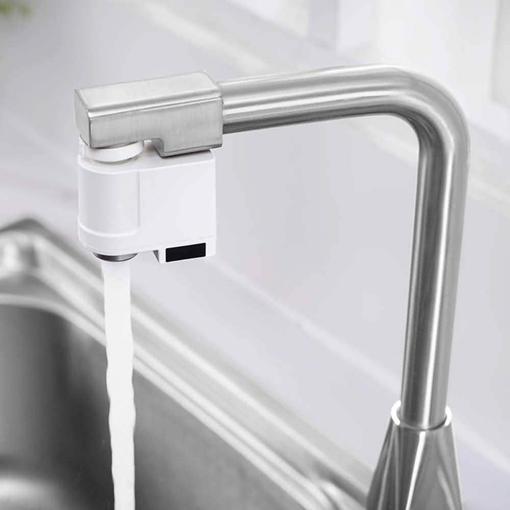 Automatic sensor faucet with long arched chrome spout and white control box