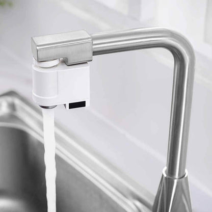 Automatic sensor faucet with long arched chrome spout and white control box