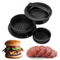 Round black burger press tool with hinged top and three ridged burger molds