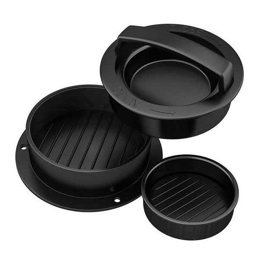 Black round burger press set with hinged press top, large base mold, and smaller insert