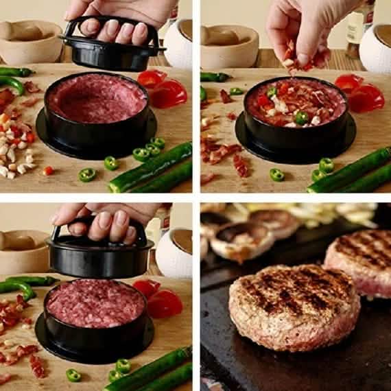 Burger press in use: forming a patty, then pressing onto the grill for cooking
