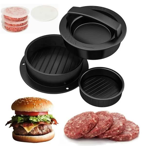 Black burger press tool with hinged top, large ridged mold, and small ridged insert