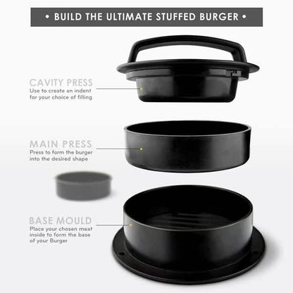 Black stuffed burger press with top press, main mold, base mold, and small inner insert