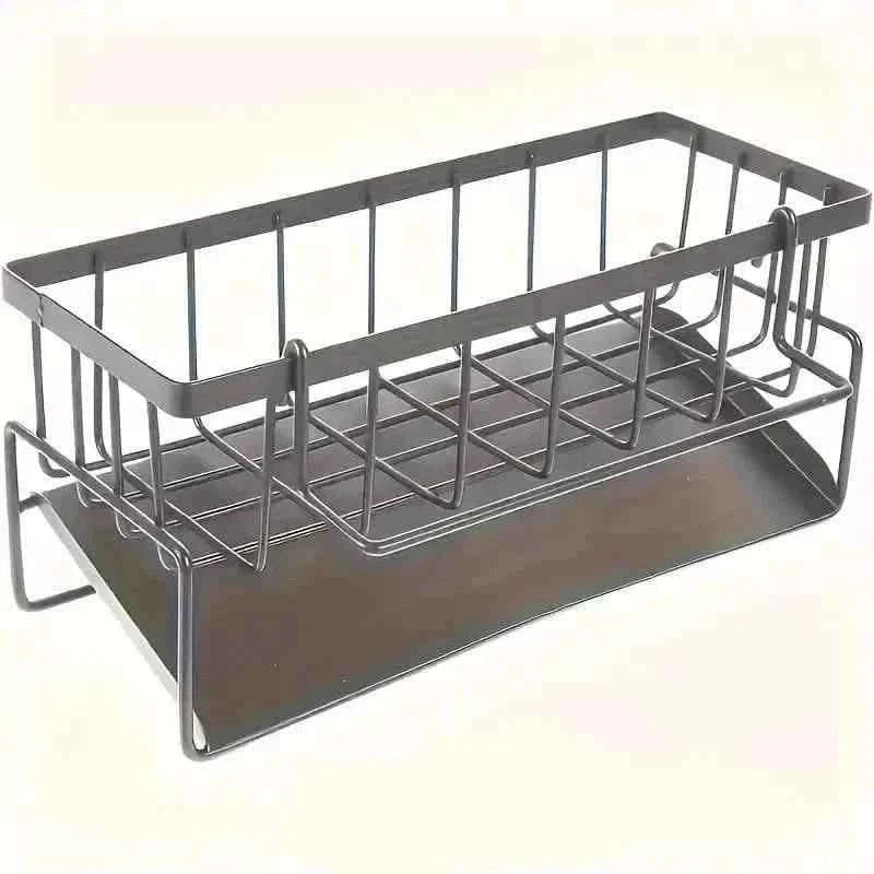 Gray metal sink storage rack with vertical divider bars and draining basket base