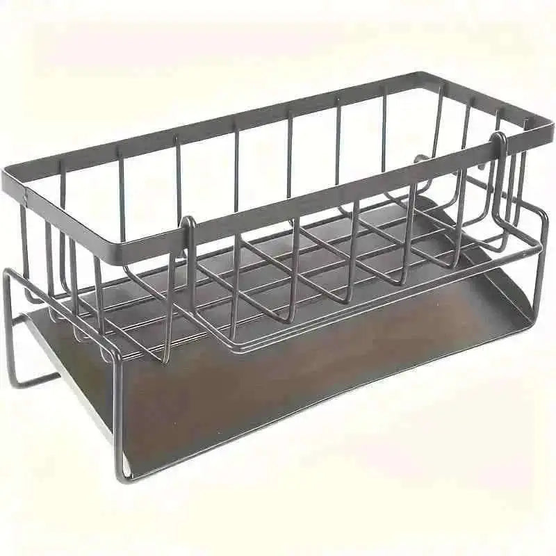 Gray metal sink storage rack with vertical divider bars and draining basket base