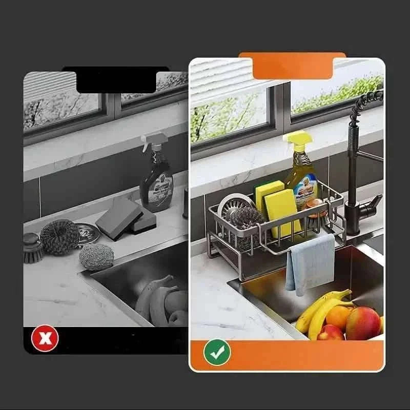 Gray sink organizer rack with scrubber brush, sponge, and hanging towels (check view)