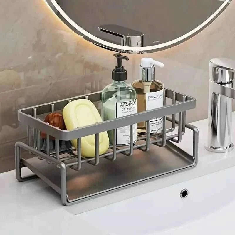 Gray sink dish rack organizer with bottle slots, soap dispenser, and sponge trays