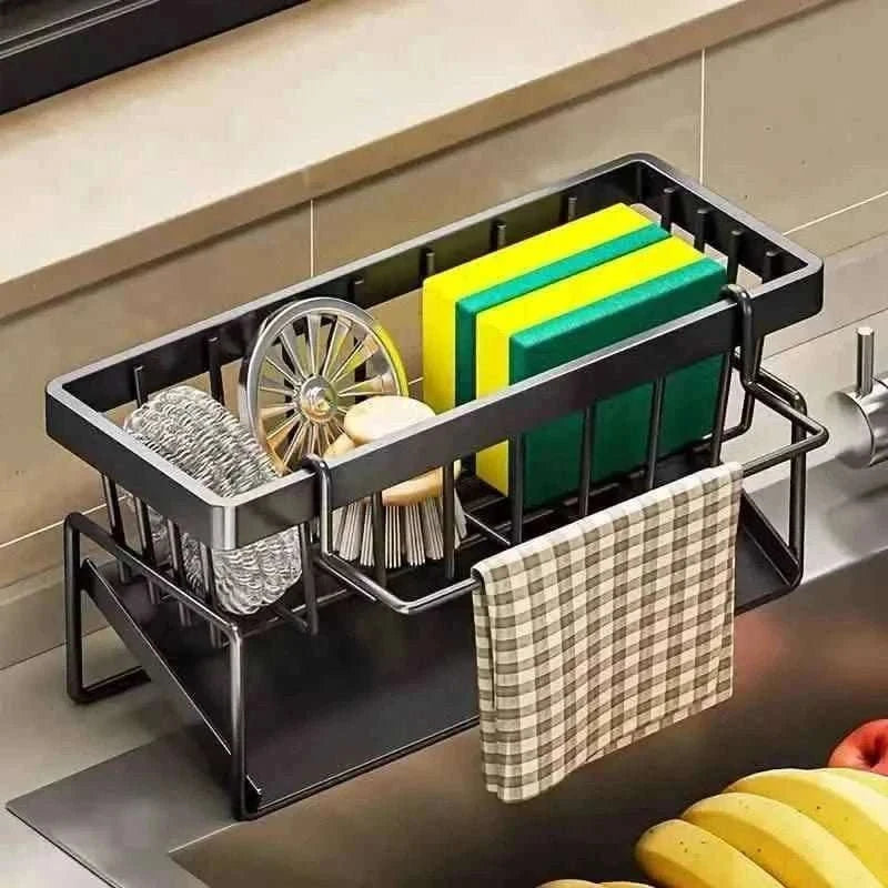 Black kitchen sink storage rack with draining basket and side wire holders