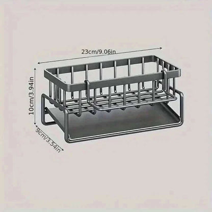 Gray sink organizer rack with dimensions, 23cm length and 10cm height diagram