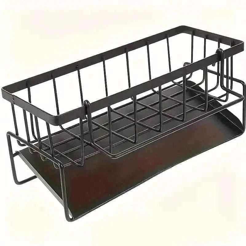 Black metal sink organizer rack with cup holder rings and wire draining base
